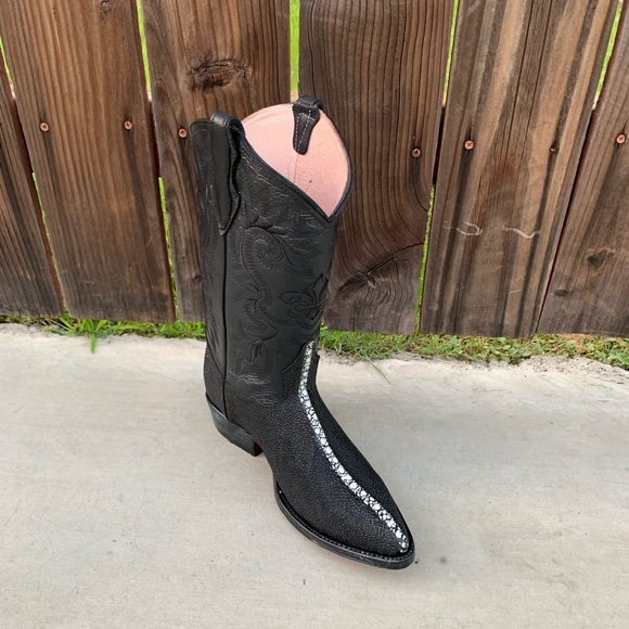 Mens Western Cowboy Stingray Print Leather J Toe Boots Bota Mantarraya negra 099